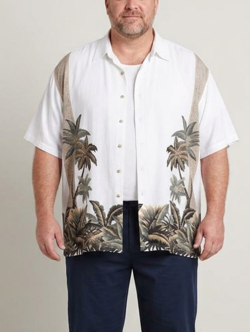 Hollis River Mens 4XL Rayon Hawaiian Shirt Neutral Palm Tree Tiki Print FLAW